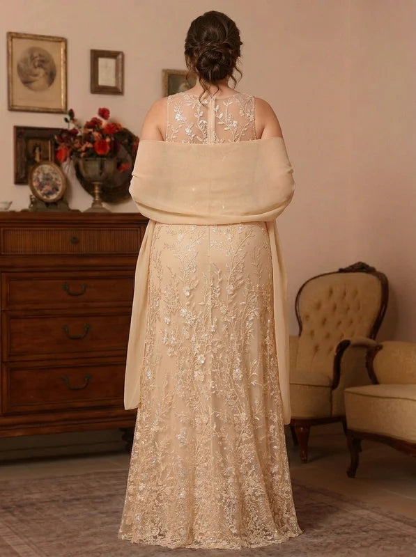 Robe Mère de la Mariée, Grande Taille, 2 Pièces, Gaine/Colonne, Col Rond, Sans Manches, Longueur au Sol, Avec Châle, Perlage
