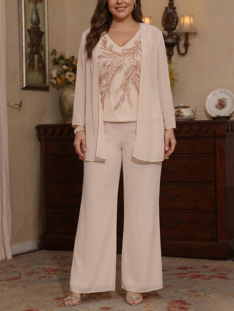 Robe mère de la mariée, Taille Plus, 3 Pièces, Costume-Pantalon, Col en V, Mousseline, Paillettes, Manches Longues, Longueur de la Cheville