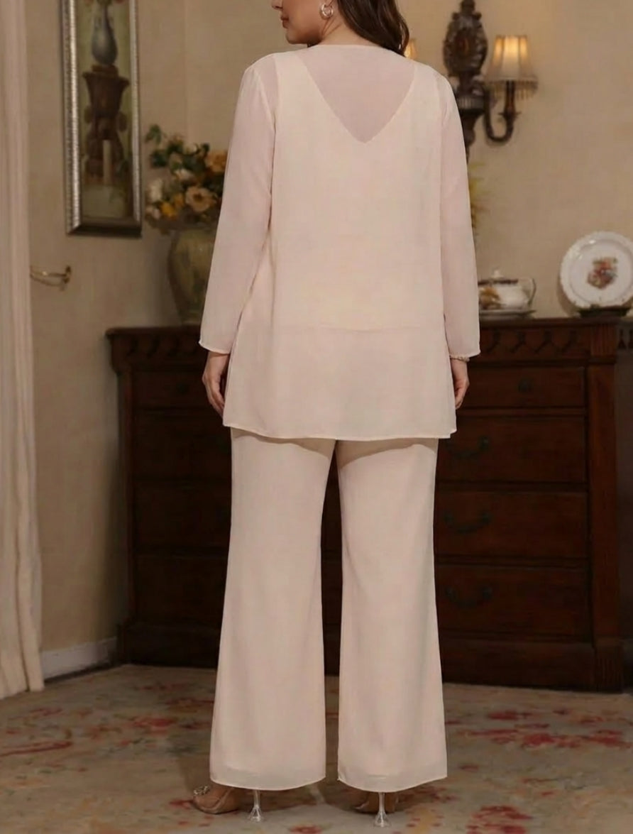Robe mère de la mariée, Taille Plus, 3 Pièces, Costume-Pantalon, Col en V, Mousseline, Paillettes, Manches Longues, Longueur de la Cheville
