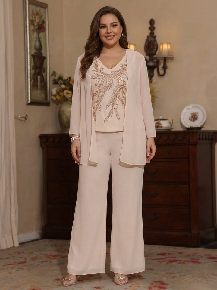 Robe mère de la mariée, Taille Plus, 3 Pièces, Costume-Pantalon, Col en V, Mousseline, Paillettes, Manches Longues, Longueur de la Cheville