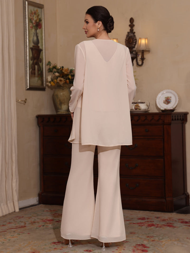 Ensemble pantalon 3 pièces mère de la mariée mousseline, col V, manches longues, longueur cheville, sequins avec veste