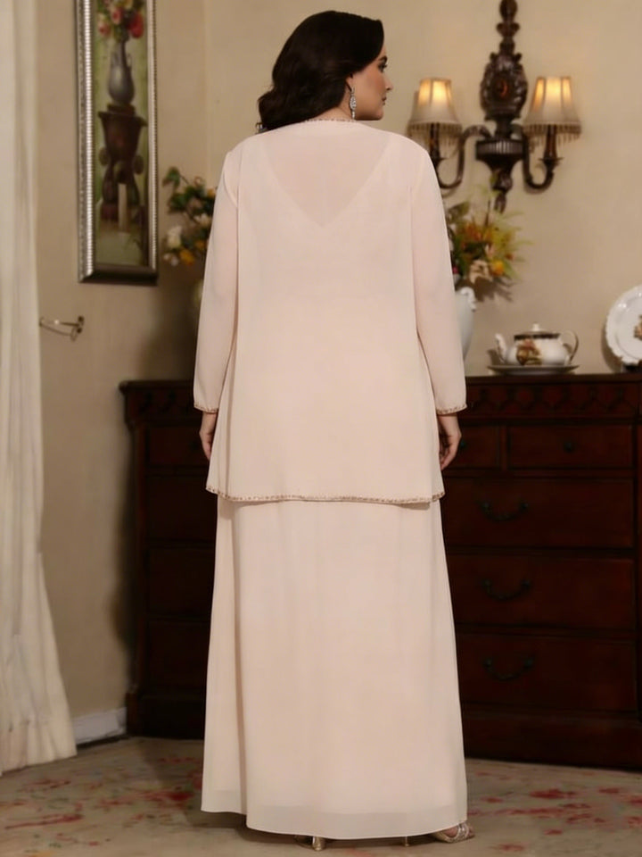 Champagne plus size Ligne A Mousseline Robe pour Mère de la Mariée featuring a Pailletted Col en V bodice, matching long-Manched jacket, and Longueur de La Cheville hemline-back image.