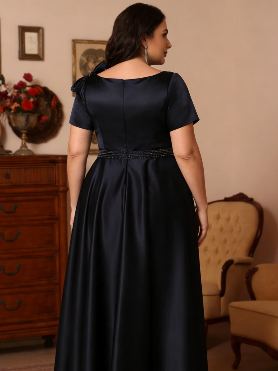 Robe mère de la mariée taille plus ligne A, satin col rond, manches courtes, longueur midi, perles, nœud