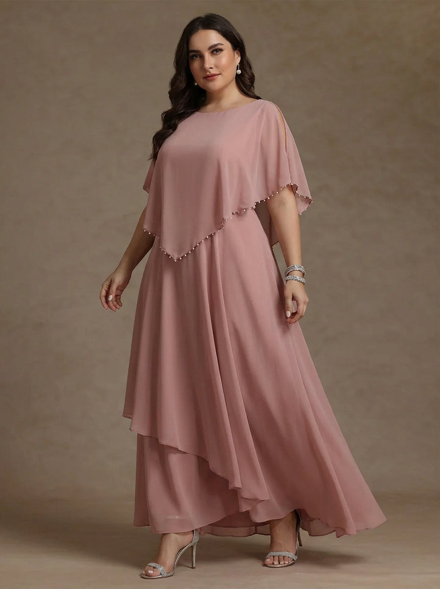 Robe mère de la mariée, taille plus, coupe A/ princesse, col rond, mousseline, perles, longueur sol, plissé, sans manches