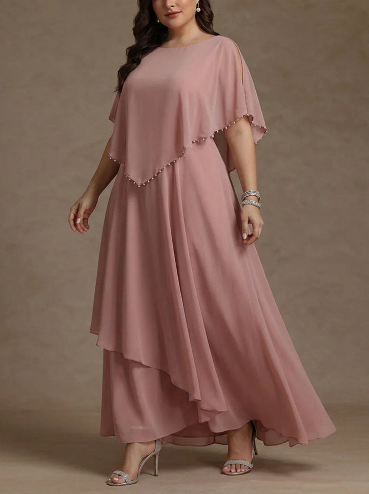 Robe mère de la mariée, taille plus, coupe A/ princesse, col rond, mousseline, perles, longueur sol, plissé, sans manches