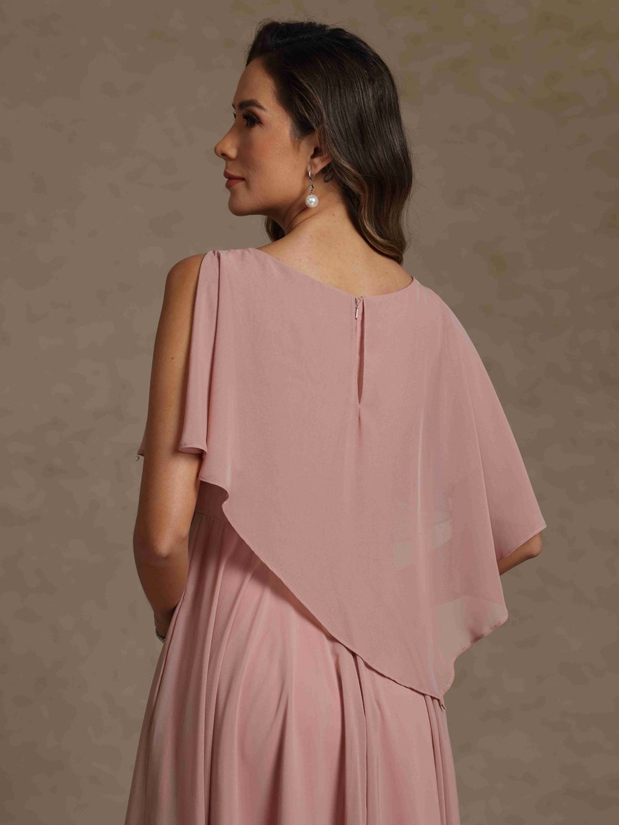 Robe mère de la mariée mousseline ligne A, col rond, sans manches, longueur sol, perles et plissé