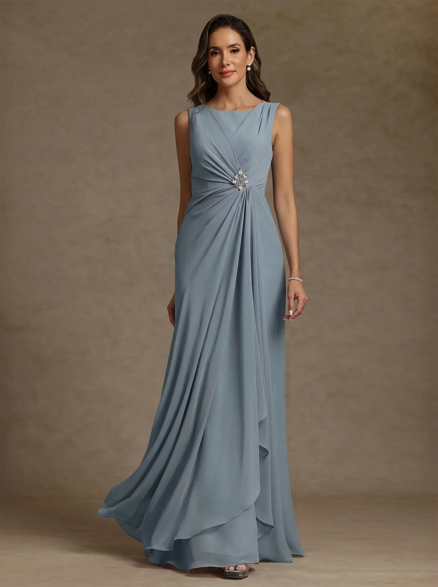 Robe mère de la mariée fourreau mousseline, col rond, sans manches, longueur sol, volants et drapé