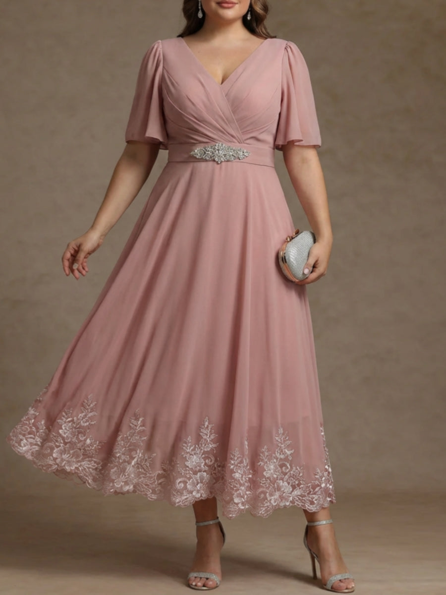 Robe mère de la mariée taille plus ligne A, col V, mousseline dentelle, manches courtes, longueur midi, ceinture