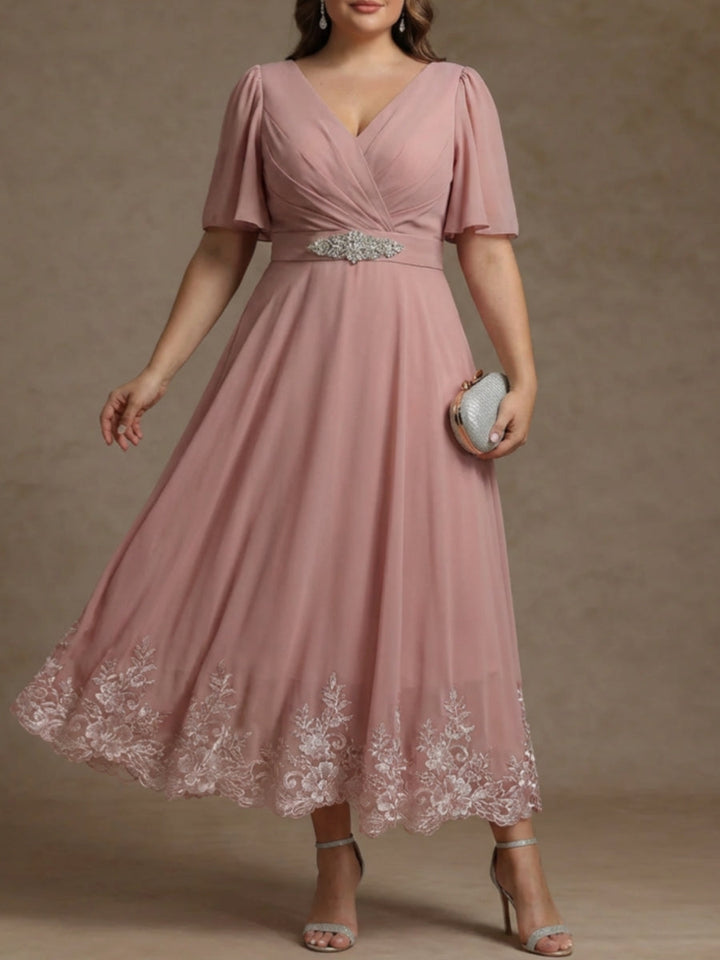 Robe mère de la mariée taille plus ligne A, col V, mousseline dentelle, manches courtes, longueur midi, ceinture