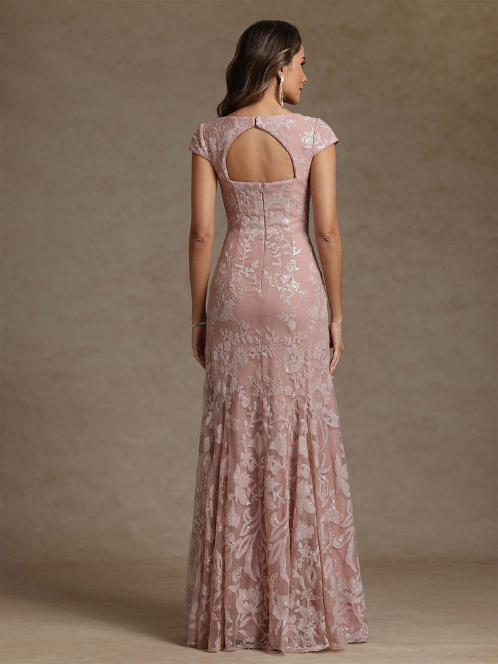 Robe mère de la mariée fourreau mousseline, col carré, manches courtes, longueur sol, dentelle et sequins