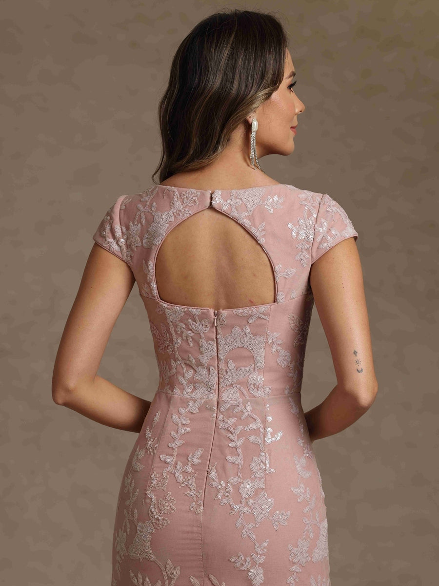 Robe mère de la mariée fourreau mousseline, col carré, manches courtes, longueur sol, dentelle et sequins