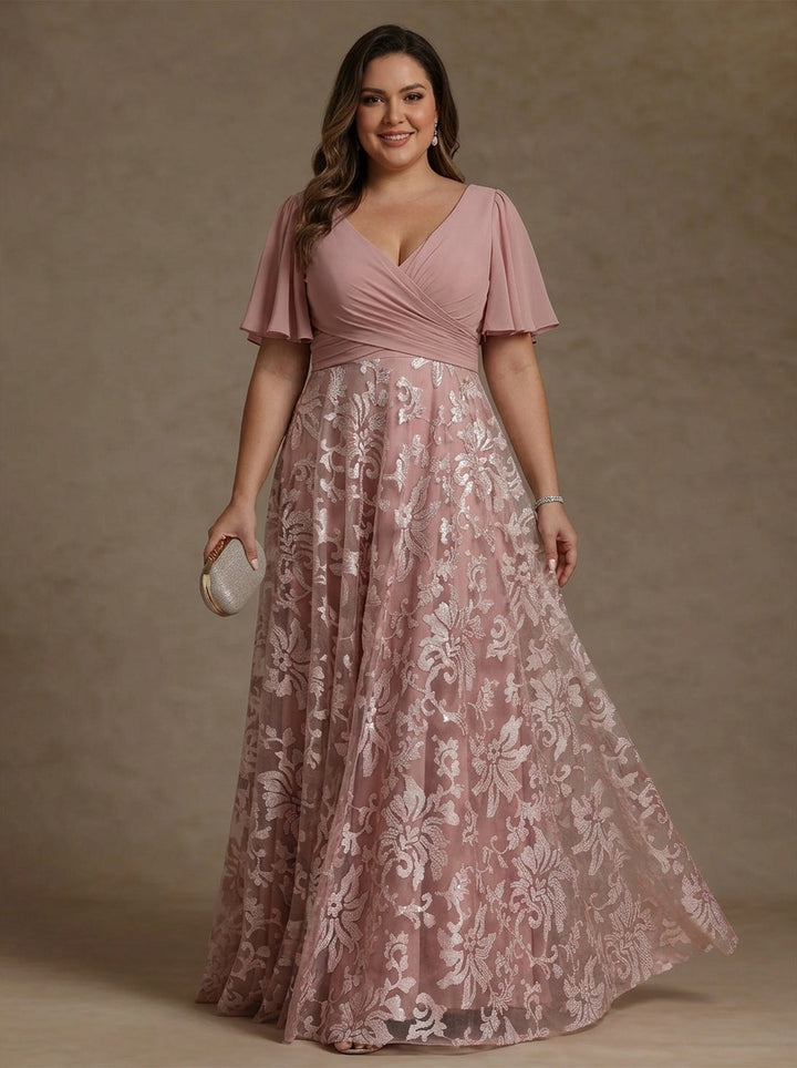 Robe Mère de la Mariée, Taille Plus, Ligne A/Princese, Col en V, Dentelle, Froncée, Manches Courtes, Longueur au Sol, Mousseline