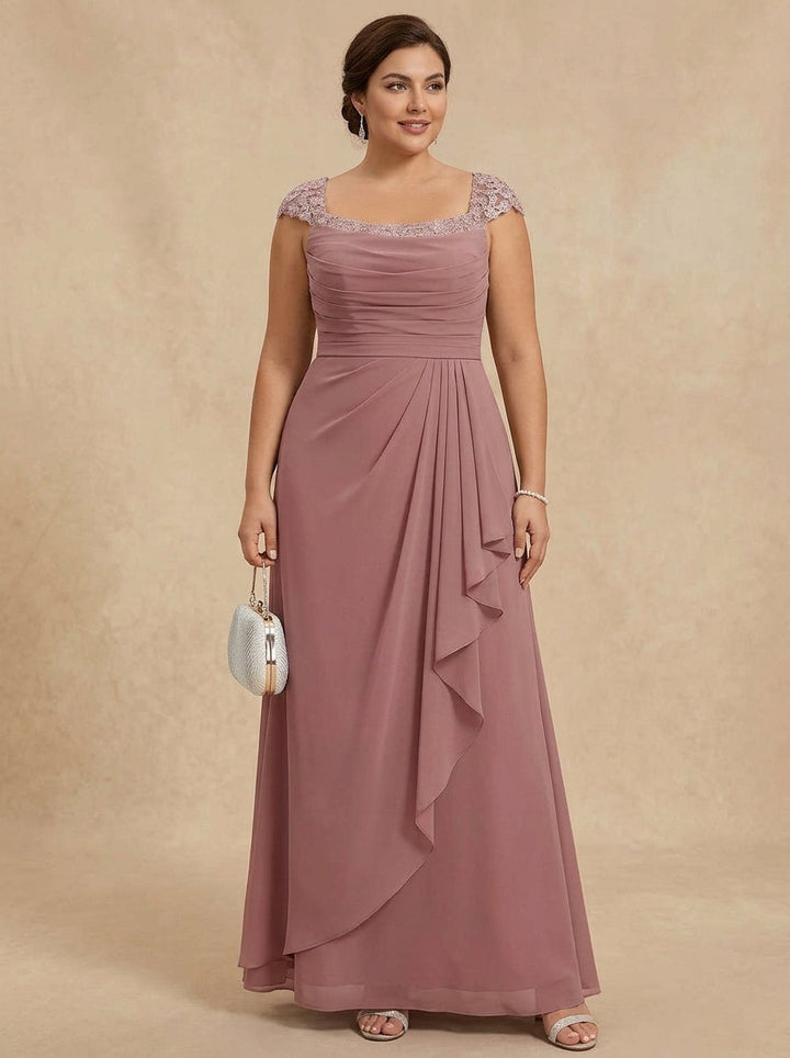 Robe mère de la mariée, taille plus, fourreau/colonne, col carré, mousseline, longueur sol, volants, plissé, sans manches, dentelle