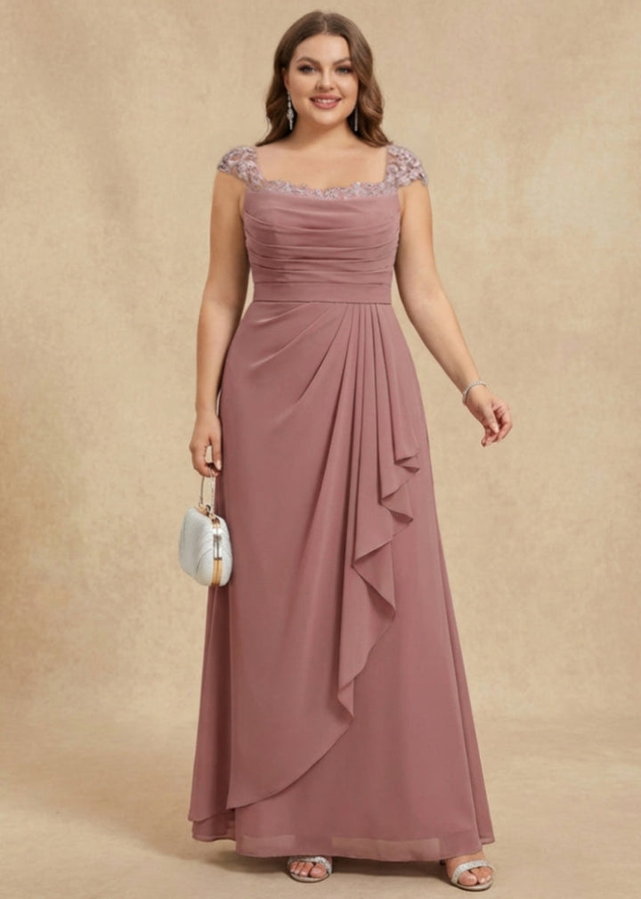 Robe mère de la mariée taille plus fourreau, mousseline col carré, sans manches, longueur sol, volants, drapé, dentelle