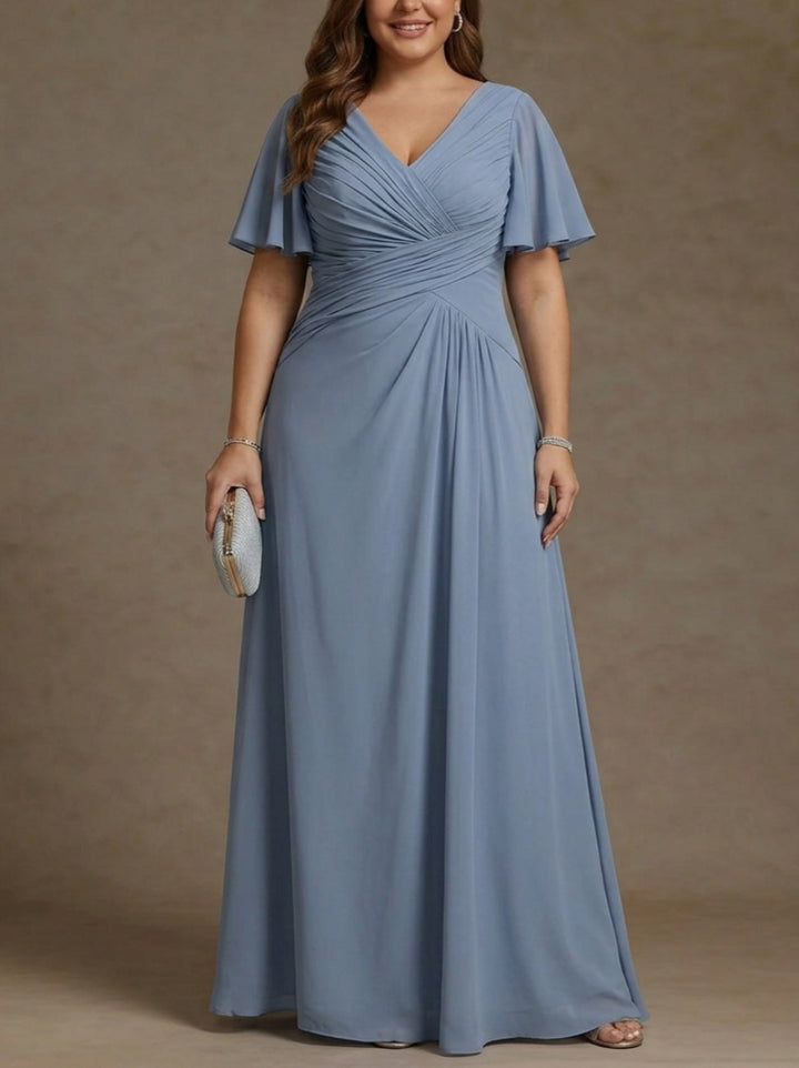 Robe mère de la mariée, Taille Plus, Ligne A/Princesse, Col en V, Mousseline, Manches Courtes, Longueur au Sol, Froncée