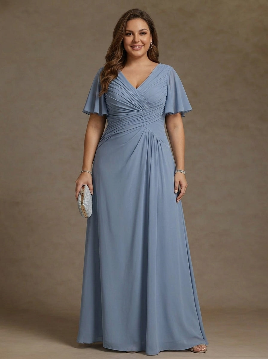 Robe mère de la mariée, Taille Plus, Ligne A/Princesse, Col en V, Mousseline, Manches Courtes, Longueur au Sol, Froncée