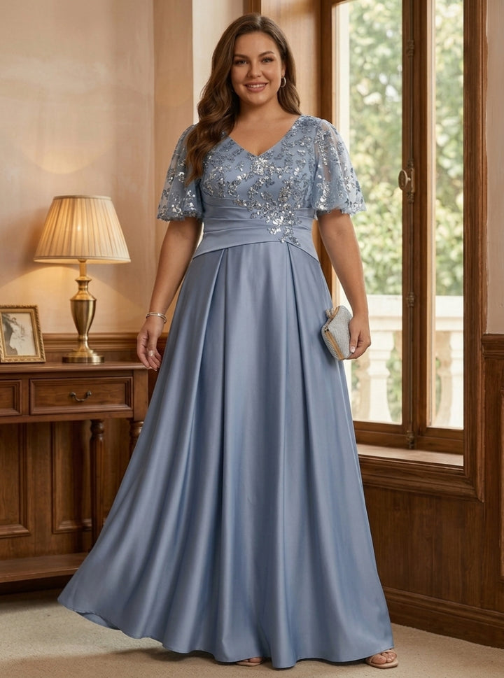 Robe Mère de la Mariée, Grande Taille, Ligne A/Princesse, Satin d'acétate, Col en V, Manches Courtes, Longueur au Sol, à Paillettes