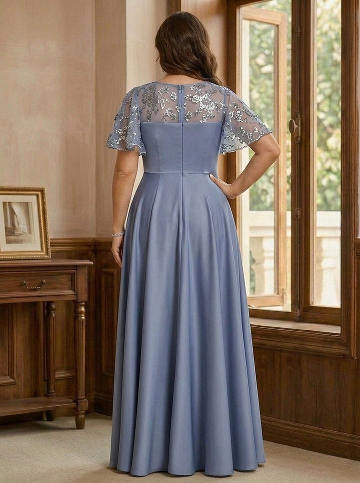 Robe Mère de la Mariée, Grande Taille, Ligne A/Princesse, Satin d'acétate, Col en V, Manches Courtes, Longueur au Sol, à Paillettes