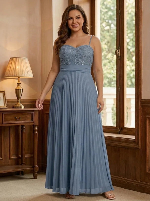 Robe Mère de la Mariée, Grande Taille, Gaine/Colonne, Col Cœur, Manches Longues, Longueur au Sol, Mousseline, Plissée