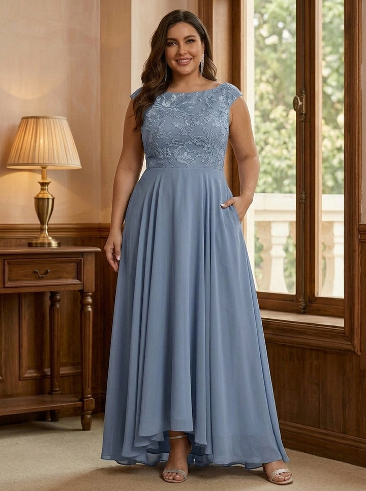 Robe Mère de la Mariée, Grande Taille, Ligne A/Princesse, Col Rond, Sans Manches, Longueur au Sol, Mousseline, Dentelle