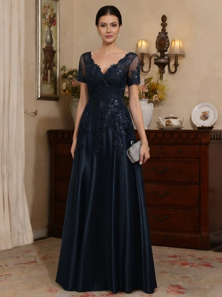 Robe mère de la mariée satin ligne A, col V, manches courtes, longueur sol, dentelle et sequins