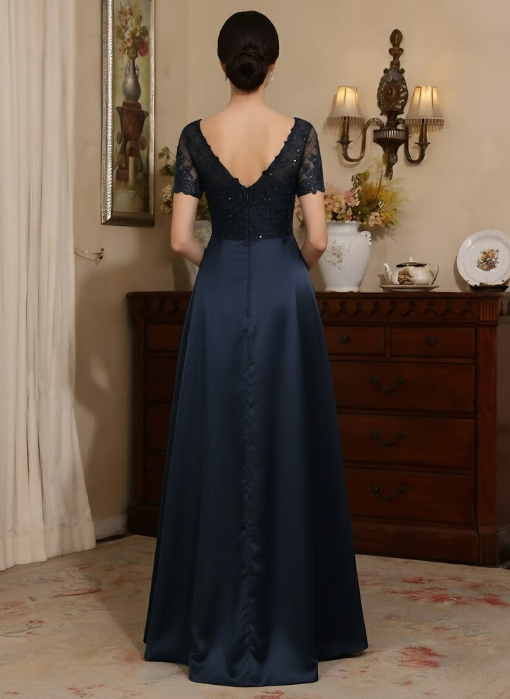 Robe mère de la mariée satin ligne A, col V, manches courtes, longueur sol, dentelle et sequins