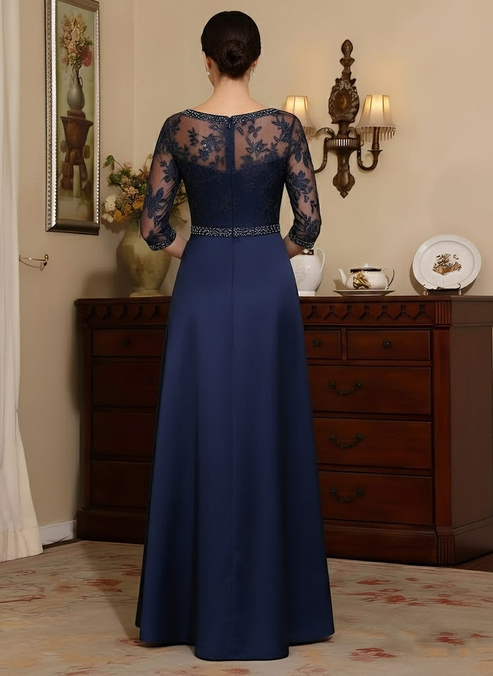 Robe mère de la mariée satin ligne A, col rond, manches 3/4, longueur sol, dentelle, perles et ceinture