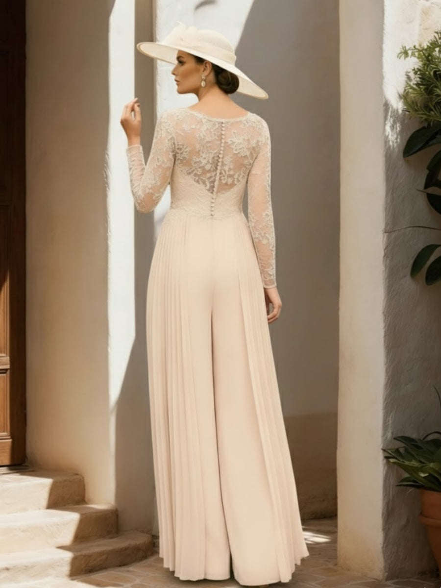 Combinaison mère de la mariée mousseline col V, dentelle, manches longues, longueur sol