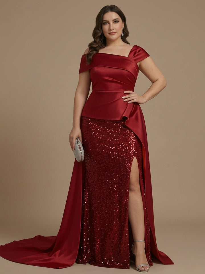 Robe gaine/colonne, hors de l'épaule, satin, taille plus, pour mère de la mariée, avec fente latérale, paillettes, sans manches, longueur de sol, ruchée