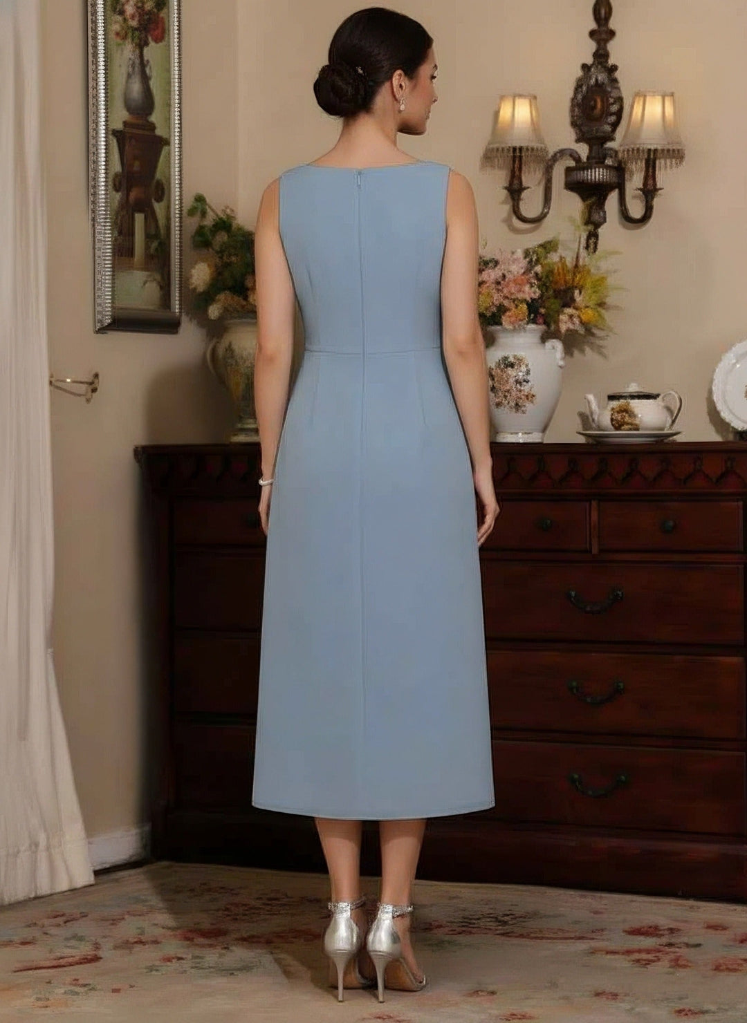 Ensemble 2 pièces mère de la mariée fourreau mousseline, col V, manches longues, longueur midi, sequins avec veste