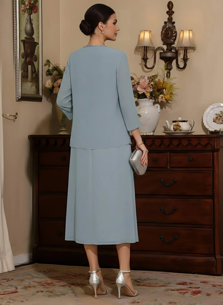 Ensemble 2 pièces mère de la mariée fourreau mousseline, col V, manches longues, longueur midi, sequins avec veste