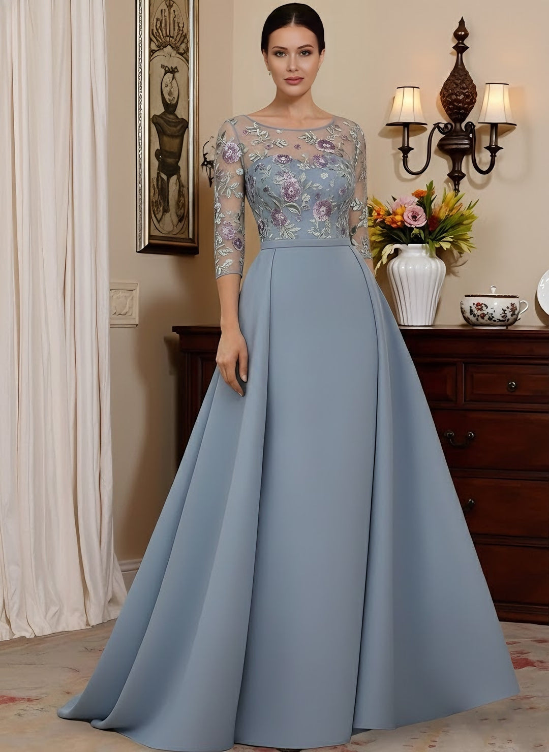 Robe mère de la mariée satin ligne A, col rond, manches 3/4, longueur sol, dentelle florale