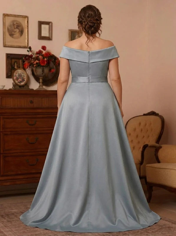 Robe Mère de la Mariée, Grande Taille, Gaine/Colonne, Une Épaule Nue, Sans Manches, Longueur au Sol, Satin, en Dentelle avec Nœud Papillon