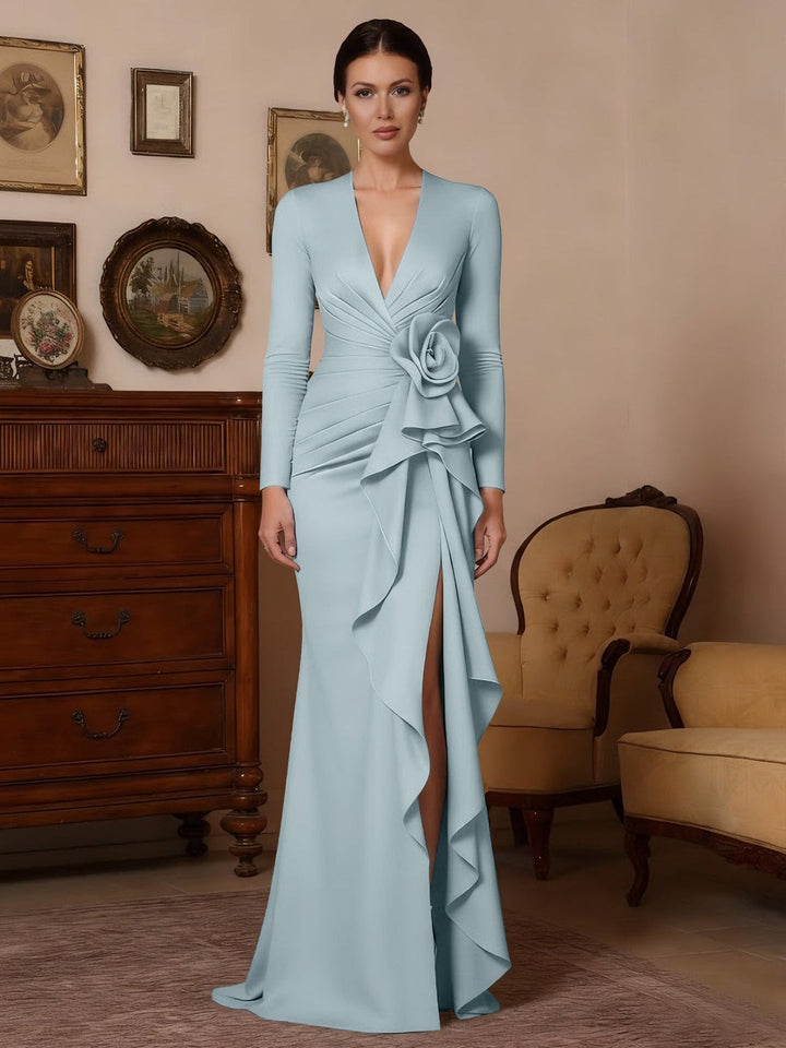 Robe mère de la mariée sirène satin stretch, col V, manches longues, longueur sol, fente latérale, drapé, fleurs 3D et ceinture