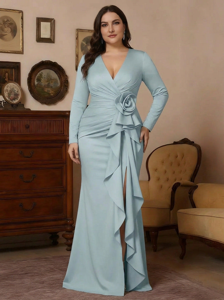 Robe mère de la mariée, taille plus, trompette/sirène, col V, satin extensible, fente latérale, longueur sol, manches longues, ceinture, fleur 3D, plissé