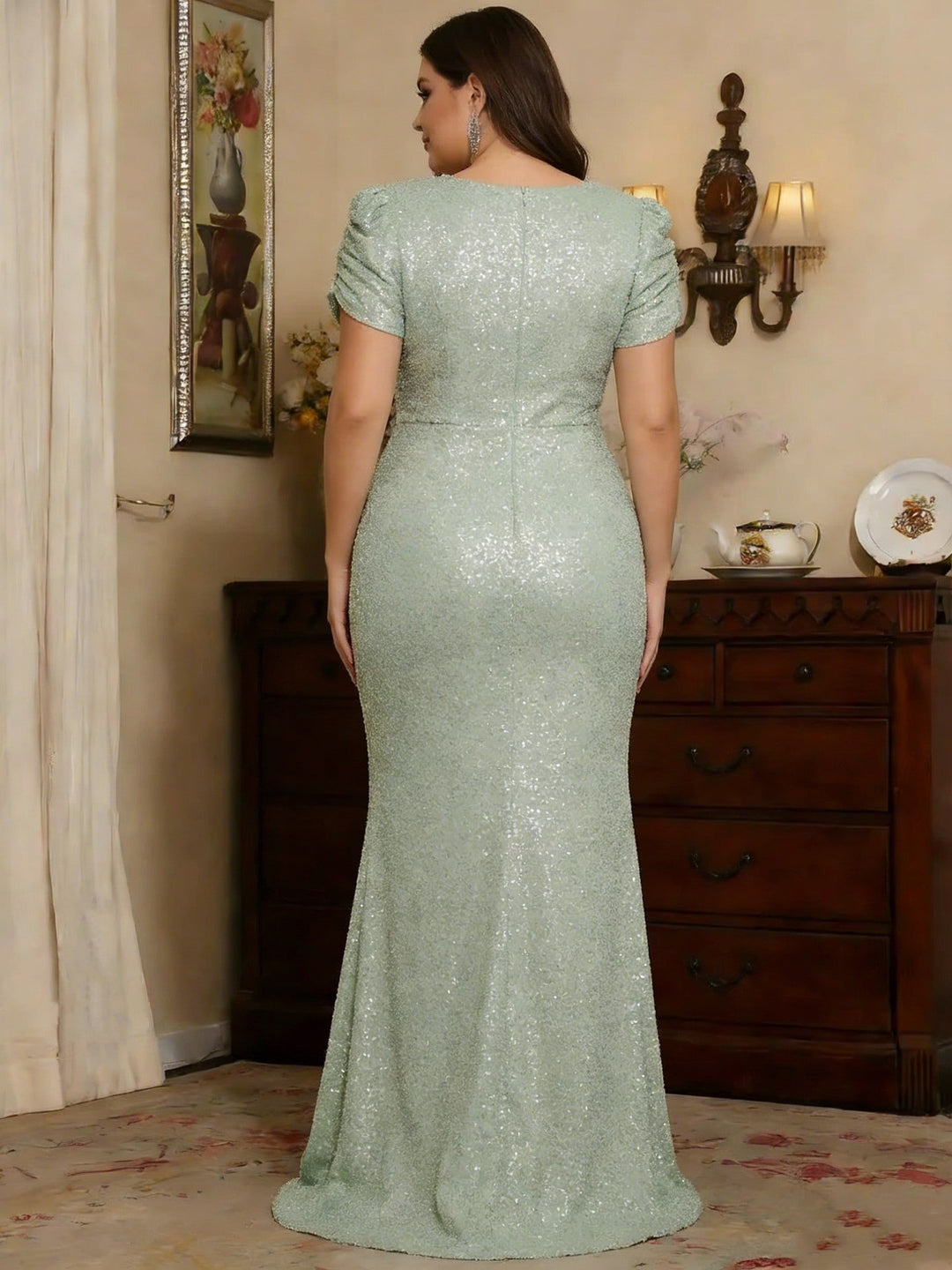 Robe mère de la mariée, taille plus, fourreau/colonne, col rond, Paillettes, longueur sol, manches courtes