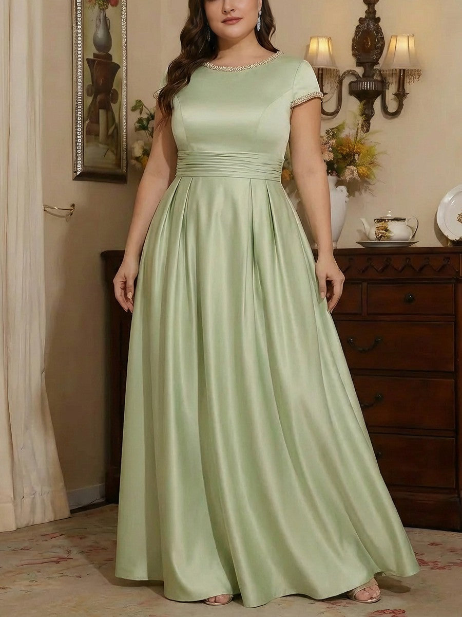Robe mère de la mariée, taille plus, coupe A/ princesse, satin de soie, col rond, longueur sol, manches courtes, Strass