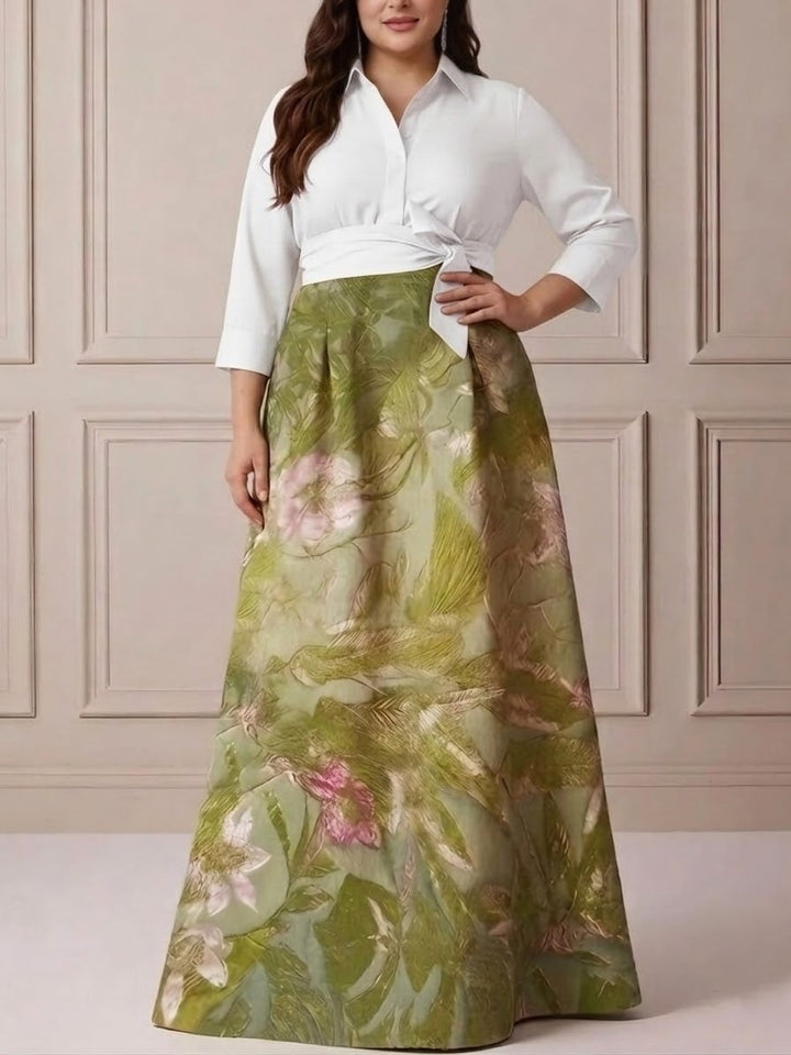 Robe mère de la mariée taille plus ligne A, satin col chemisier, manches 3/4, longueur sol, imprimé floral, nœud