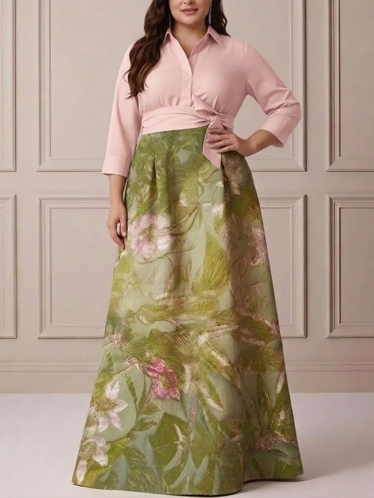 Robe mère de la mariée taille plus ligne A, satin col chemisier, manches 3/4, longueur sol, imprimé floral, nœud