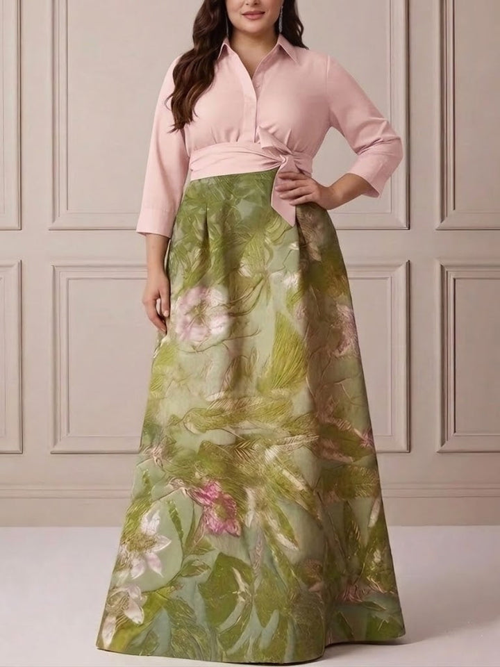 Robe mère de la mariée taille plus ligne A, satin col chemisier, manches 3/4, longueur sol, imprimé floral, nœud