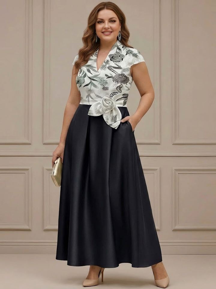 Robe mère de la mariée taille plus ligne A, satin col V, manches courtes, longueur cheville, imprimé floral, ceinture