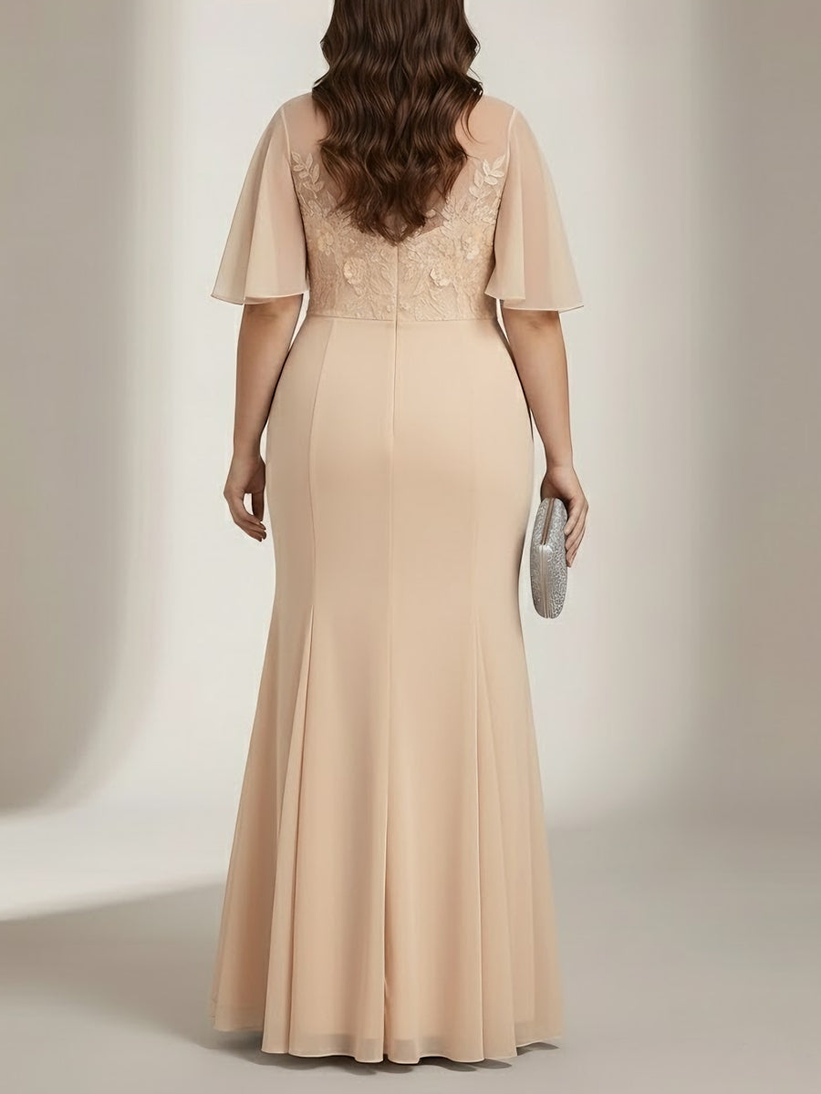 Robe mère de la mariée, taille plus, trompette/sirène, col rond, mousseline, dentelle, longueur sol, manches courtes