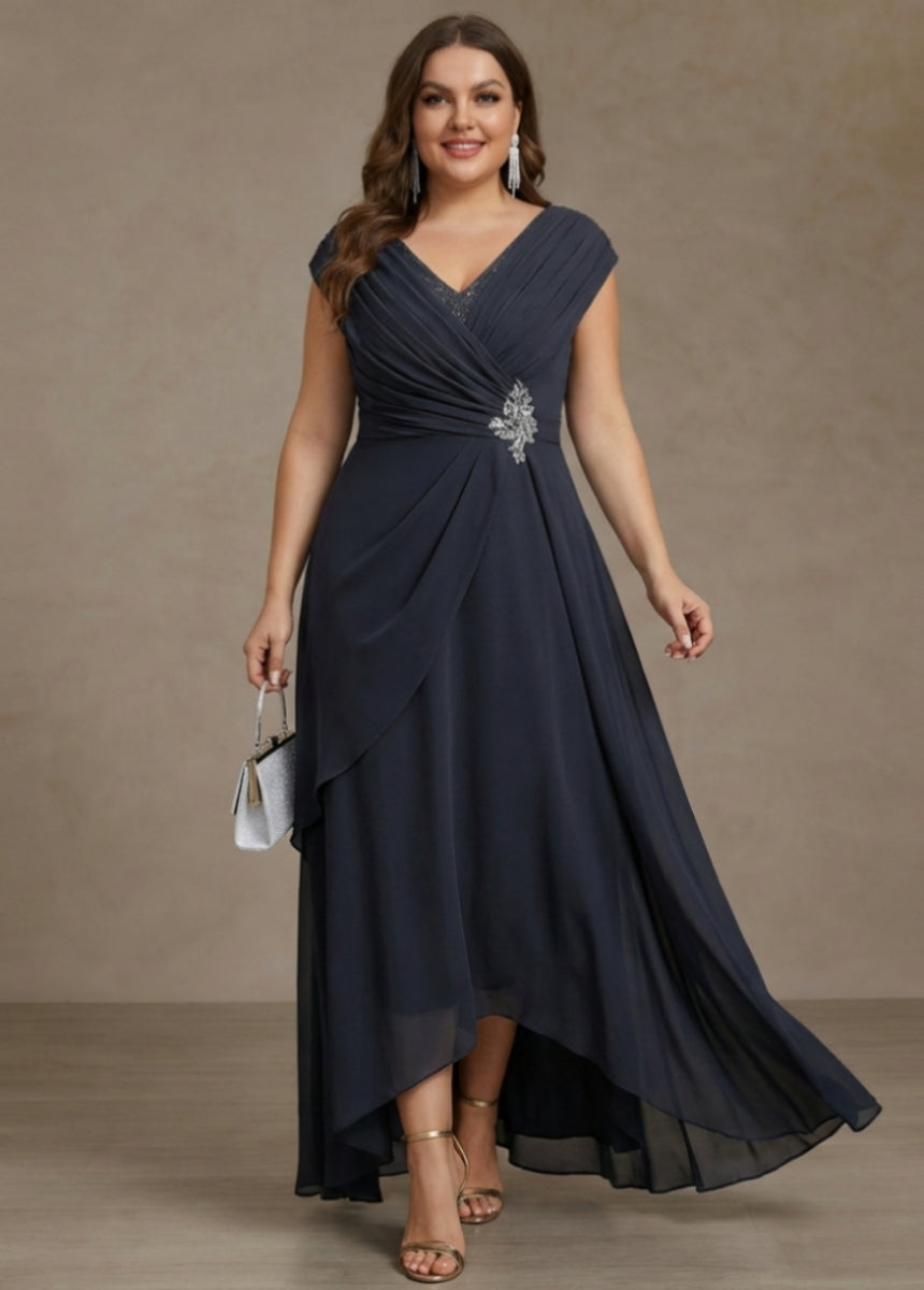Robe mère de la mariée taille plus ligne A, mousseline col V, asymétrique, longueur sol, sequins, drapé