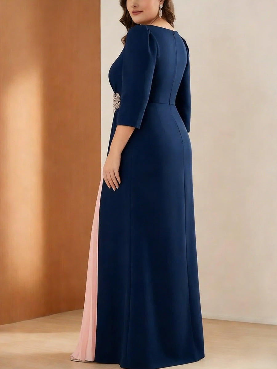 Robe mère de la mariée, taille plus, coupe A/ princesse, col rond, satin extensible, manches 3/4, longueur sol, plissé