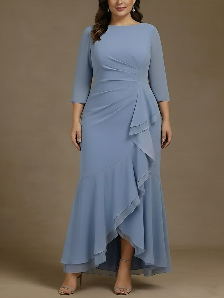 Robe mère de la mariée, taille plus, trompette/sirène, col rond, mousseline, asymétrique, longueur cheville, dénivelée, manches 3/4, volants