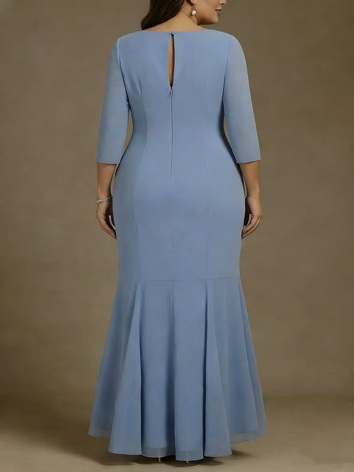 Robe mère de la mariée, taille plus, trompette/sirène, col rond, mousseline, asymétrique, longueur cheville, dénivelée, manches 3/4, volants
