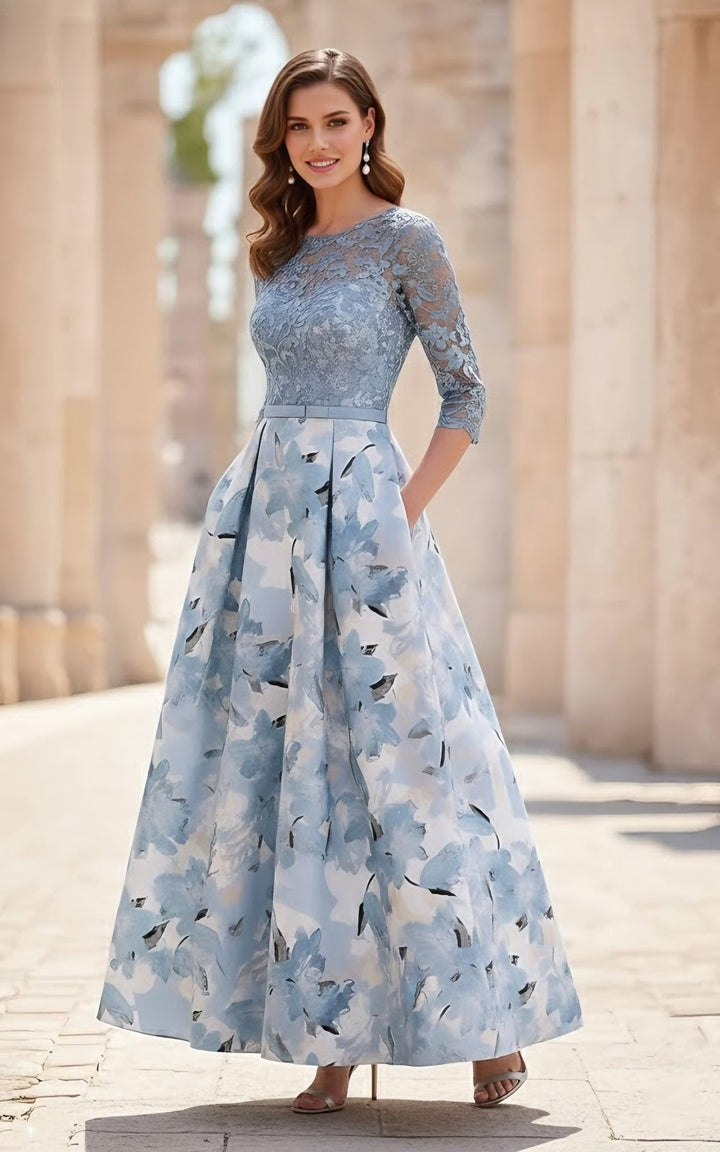 Robe mère de la mariée satin ligne A, col rond, manches mi-longues, longueur cheville, dentelle et imprimé floral