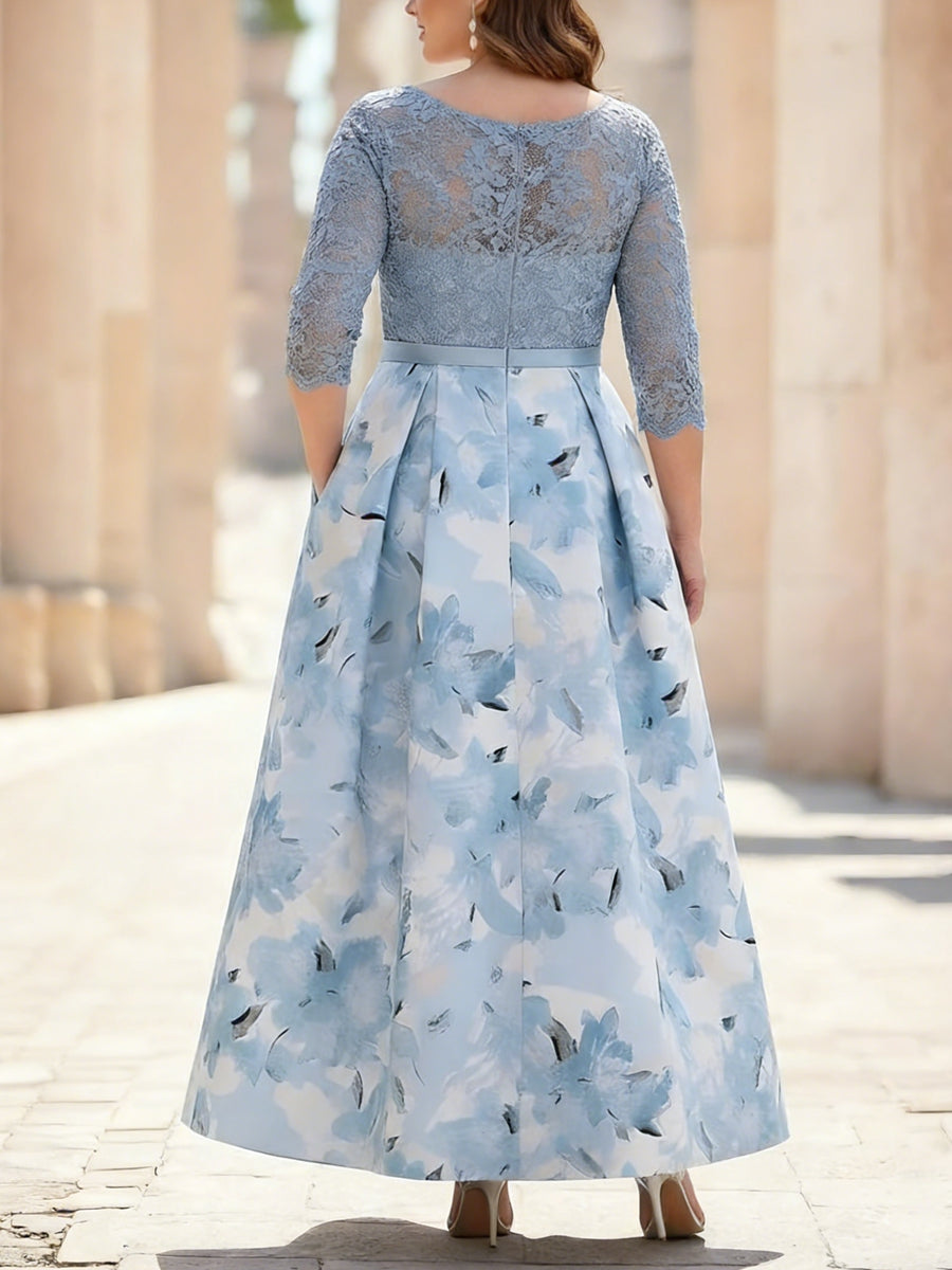 Robe mère de la mariée, taille plus, coupe A/ princesse, col rond, satin, dentelle, longueur cheville, manches mi-longues, imprimé floral