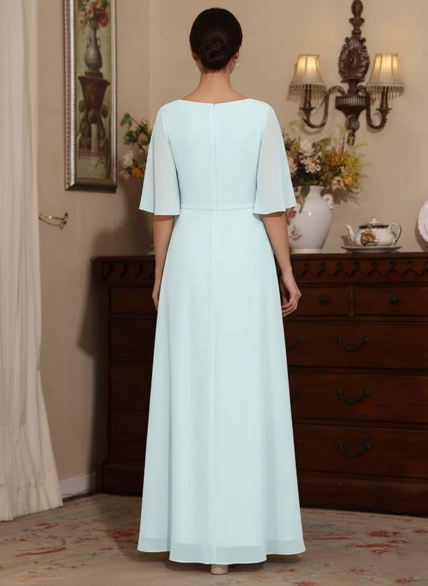 Robe mère de la mariée mousseline ligne A, col V, manches courtes, longueur cheville, sequins