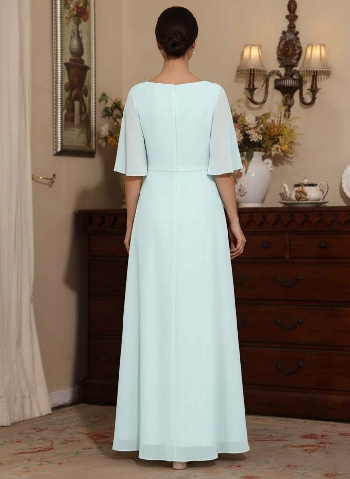 Robe mère de la mariée mousseline ligne A, col V, manches courtes, longueur cheville, sequins